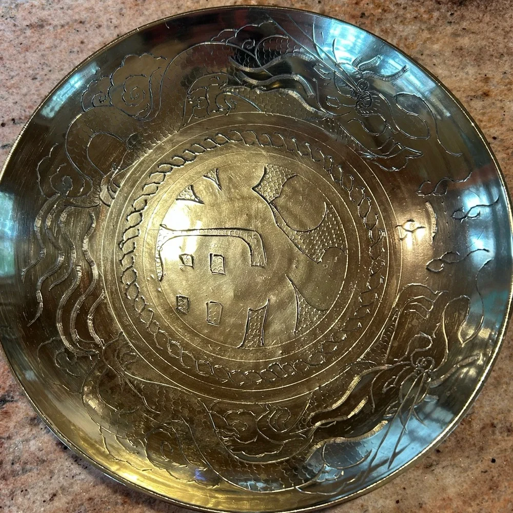 Cultural Brass Bowl with Detailed Dragon Etching 10”x10”. MCM